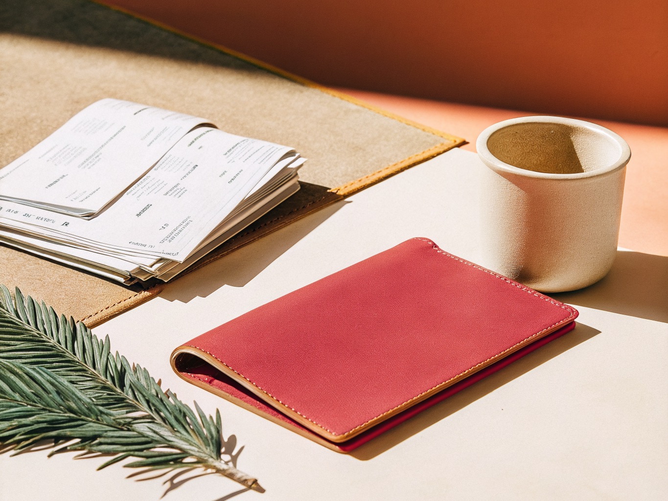 A tidy stack of receipts and a cloth ledger beside a ceramic coffee cup in warm natural light