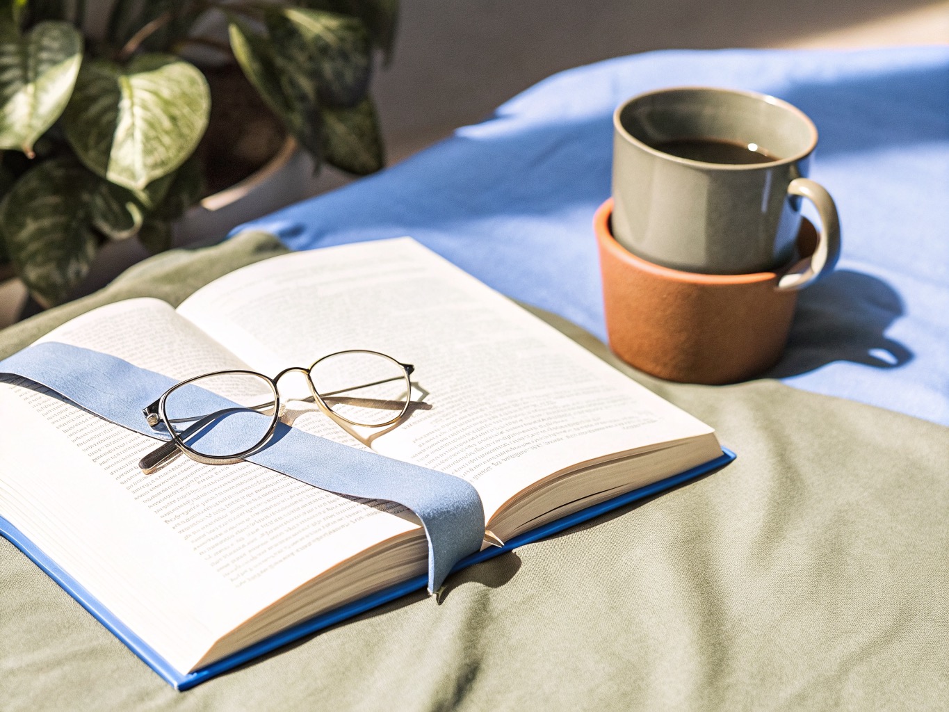 An open book with reading glasses resting on the page beside a cup of coffee and a leafy plant in warm natural light