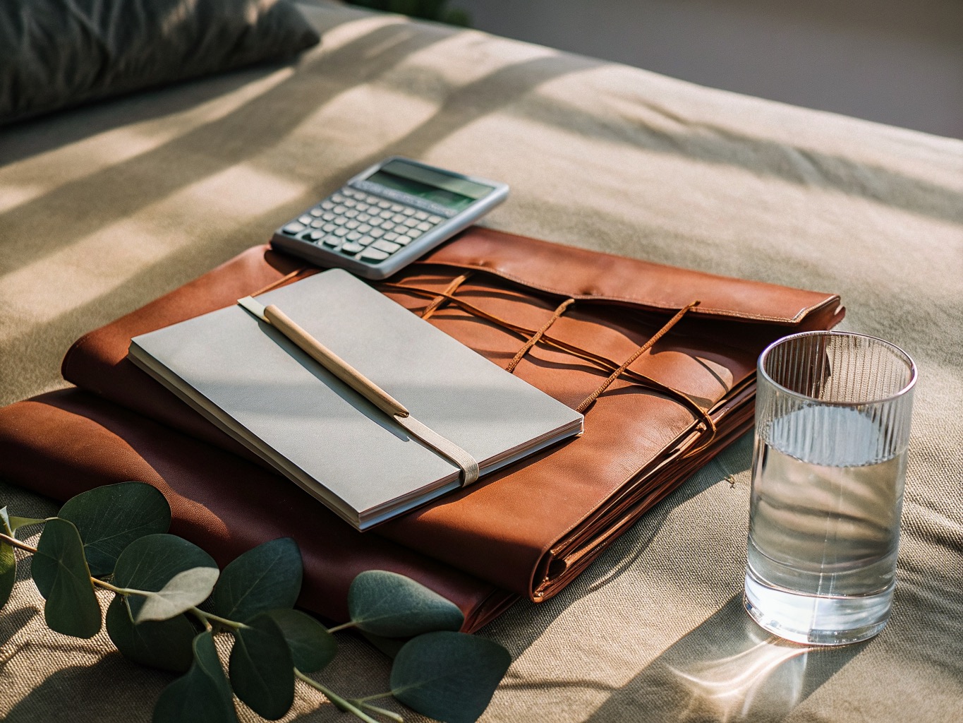A closed notebook with a pencil, a calculator, neatly tied folders, and a glass of water beside eucalyptus in warm natural light