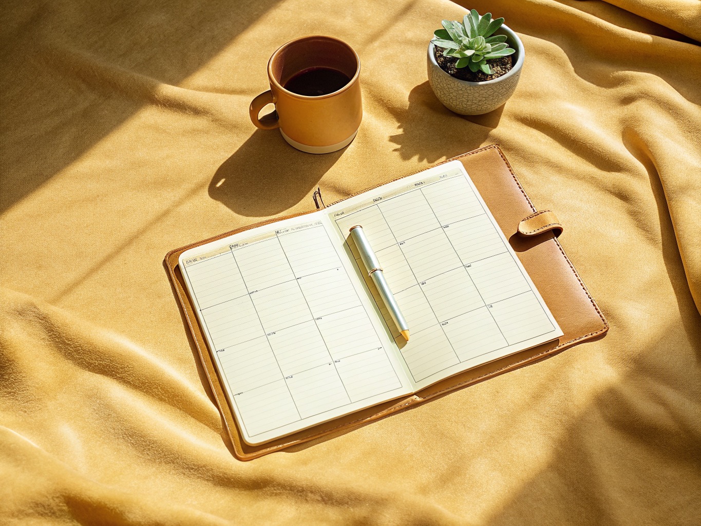 An open planner on a clean month beside a fountain pen, a cup of coffee, and a small plant in warm natural light